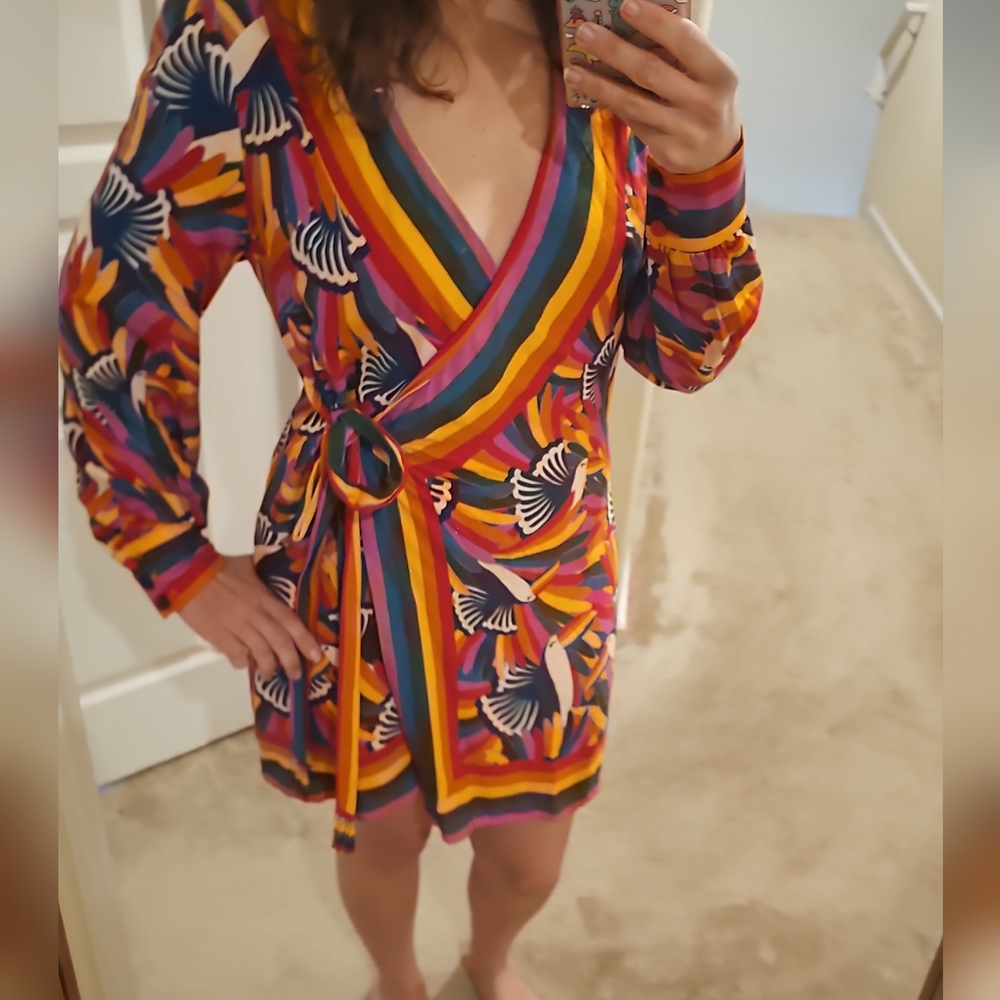 FARM Rio Orange and Blue Wrap Dress with Bishop Sleeves